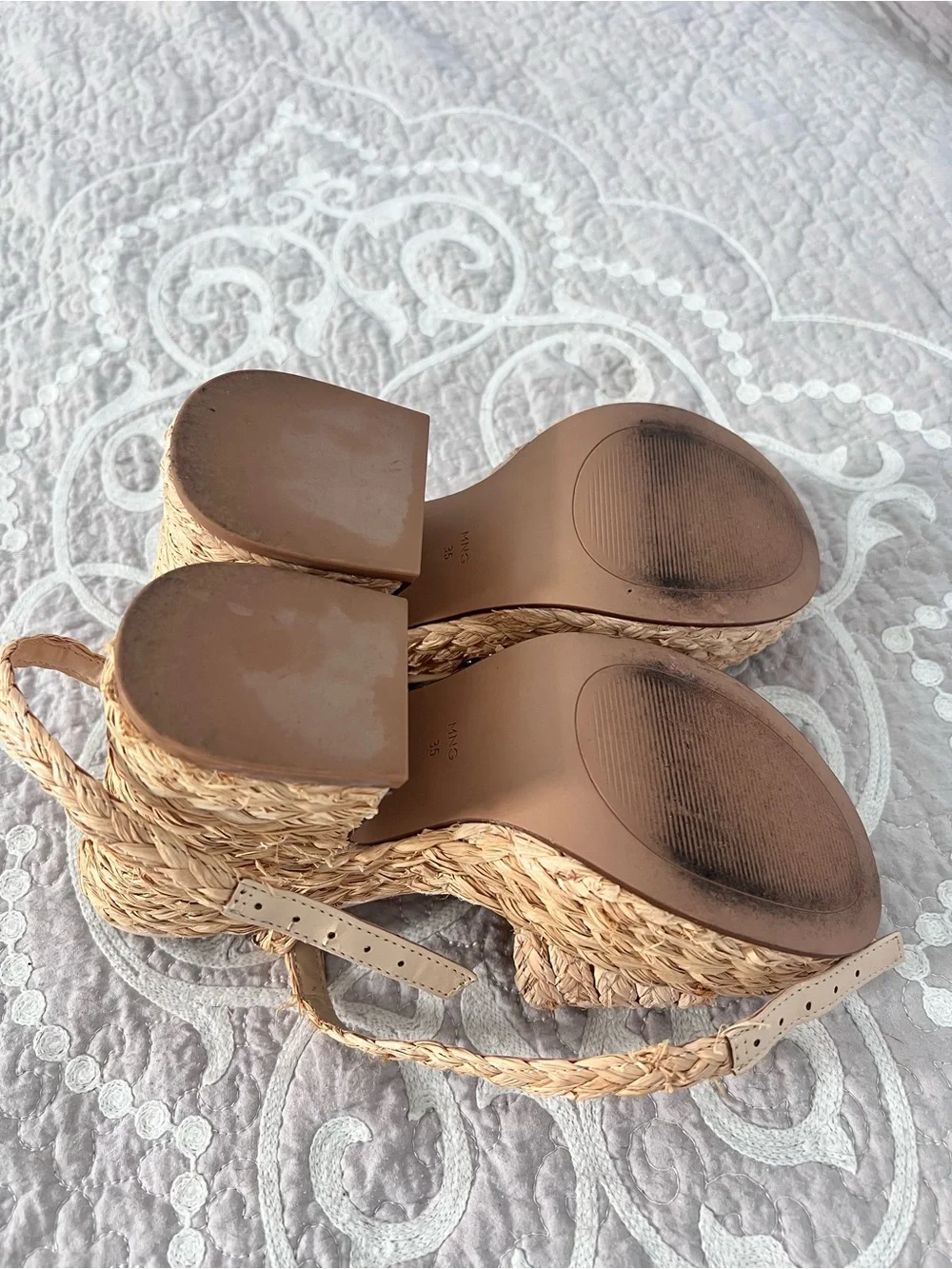 Mango Beige Braided Platform Wedge Sandals with Ankle Strap